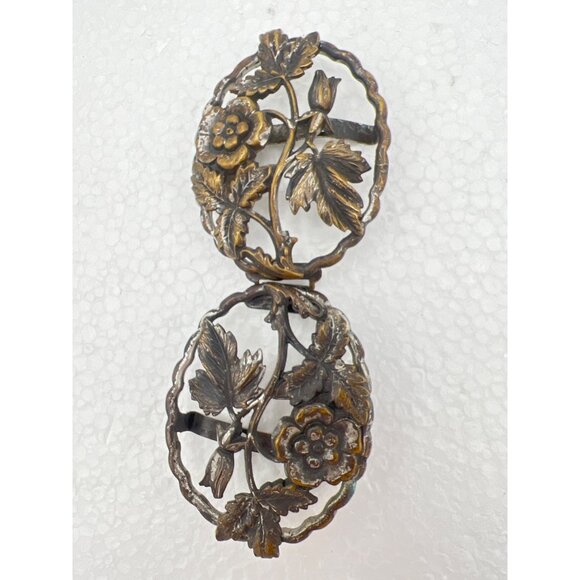 Antique Belt Sash Buckle Gilded Brass Art Nouveau Open Cut Intricate Leaf Flower - Picture 2 of 8